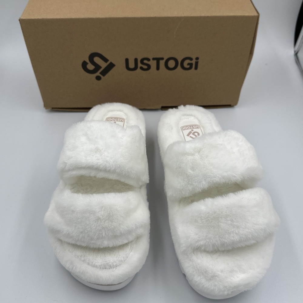 Soft Fuzzy Fur‎ Slippers Women's Size 6 Cross Band White Ivory Open Toe Comfort